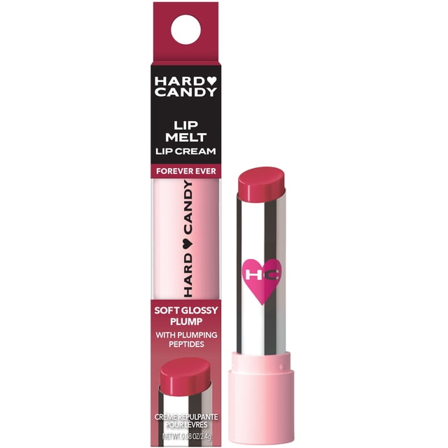 Hard Candy Plumping Lip Melt, Forever Ever, showing a twist-up lip cream stick with a glossy pink-red balm next to its rectangular packaging featuring black and pink text highlighting soft glossy plump, hydration, and plumping peptides for fuller lips.