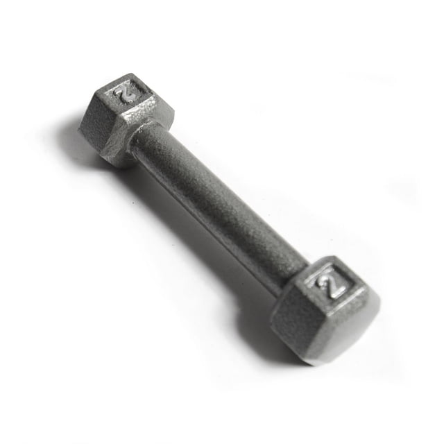 CAP Barbell Cast Iron Hex Dumbbell weighing 2 pounds with grey hexagonal cast iron heads and a cold rolled solid steel handle featuring medium depth knurling for secure grip, suitable for strength training and muscle building exercises.
