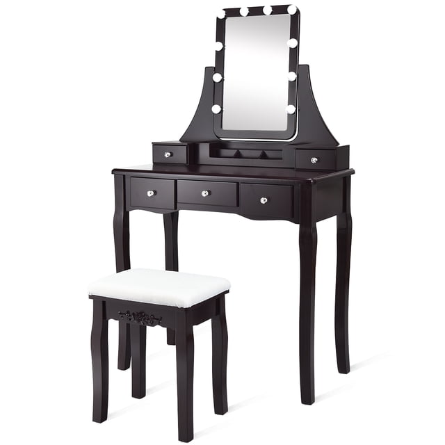 Patiojoy Coiffeuse à DEL Table de Maquillage Bureau avec Tiroirs et Tabouret Rembourré Brun
