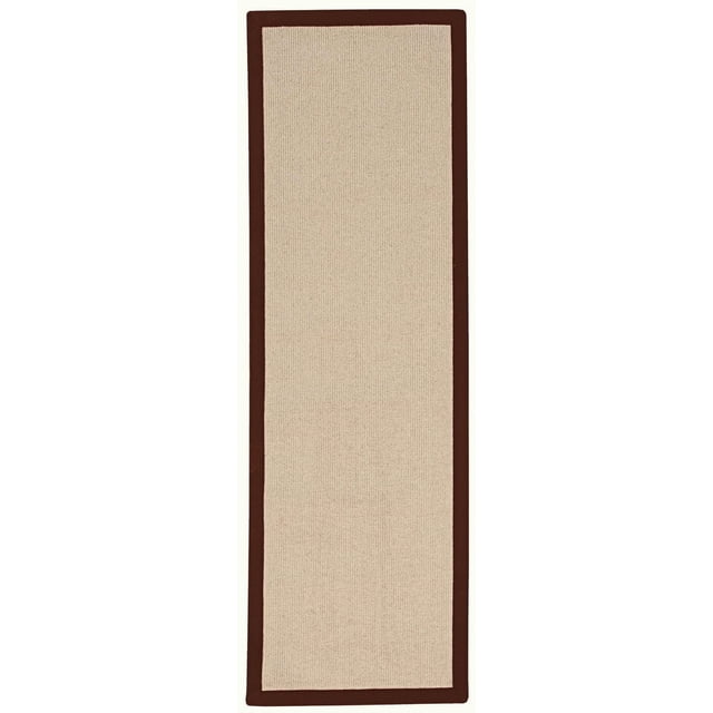 Athena Natural & Brown 2'6" x 12' Runner rug with a natural beige wool center and hand-finished brown cotton border, tufted and bound in the USA with mitered corners. Suitable for hallways and high-traffic areas, ideal for layering in transitional home decor.