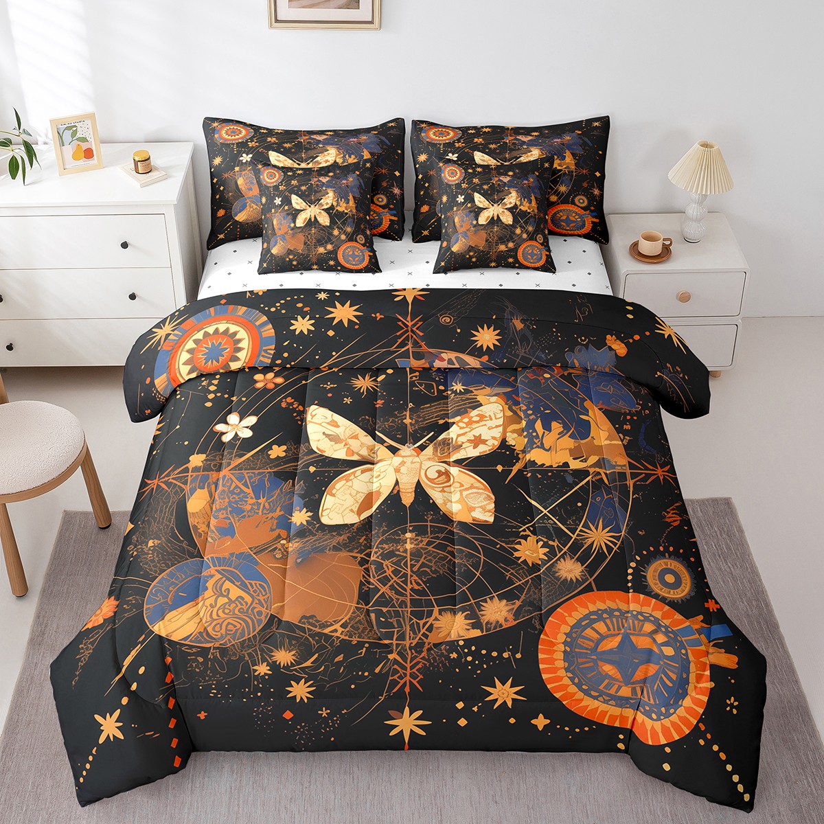 YST , Contes de Fées, Ensemble de Douillette, 7 Pcs, Filles Femmes, Très Grand Lit, Or, Faune, Mandala Floral, Fête Groovy