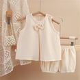 thumbnail image 1 of YUTK Girls' Active Pants Set,Solid Color Gauze Set Double-Layer Breathable Two-Piece Set Bow Top and Pants Set Round Neck Set Sale Beige, 1 of 3