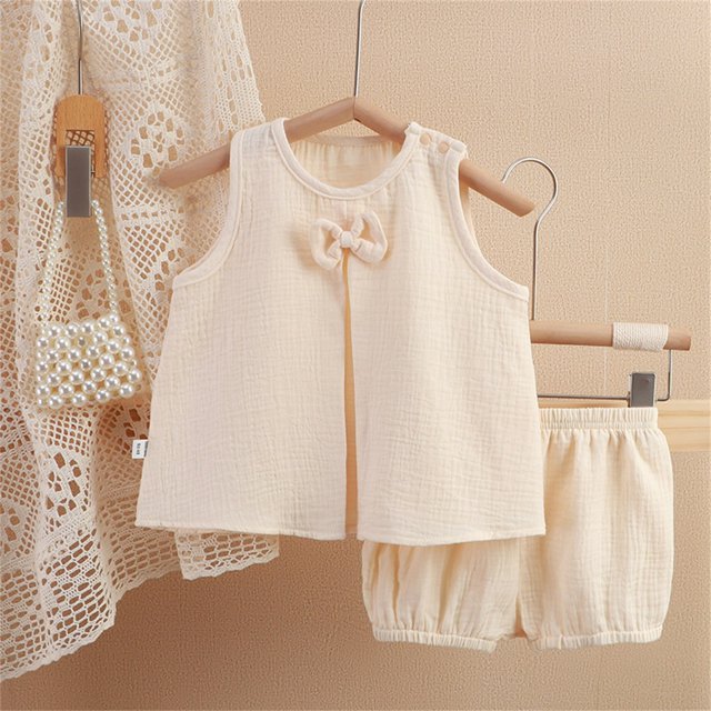 YUTK Girls' Active Pants Set,Solid Color Gauze Set Double-Layer Breathable Two-Piece Set Bow Top and Pants Set Round Neck Set Sale Beige