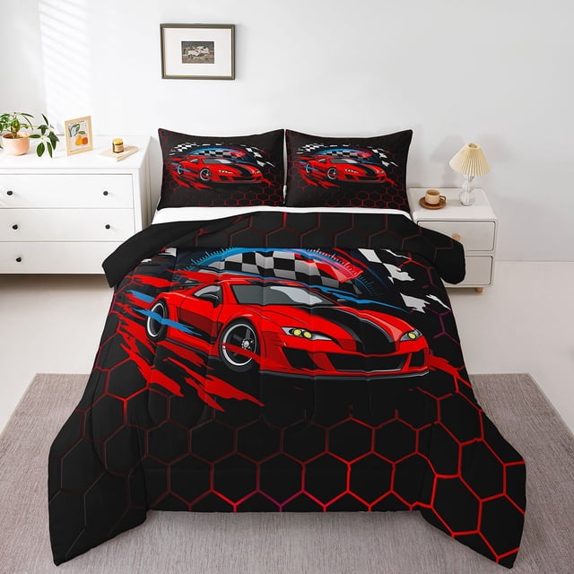 Erosebridal Cool Speed Racing Car Bedding Toddler Comforter Set, Neon Gradient Honeycomb Down Comforter, Black Red, Reversible 2pcs