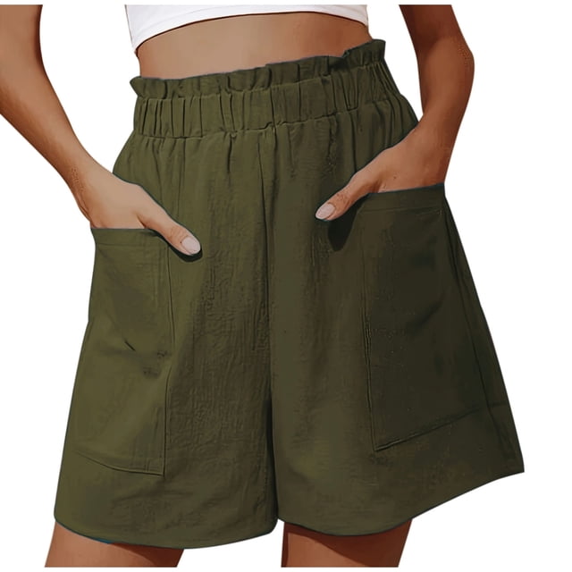 Soki Wide-leg Shorts for Women Summer Solid Color Elastic Waist Pockets Loose Shorts