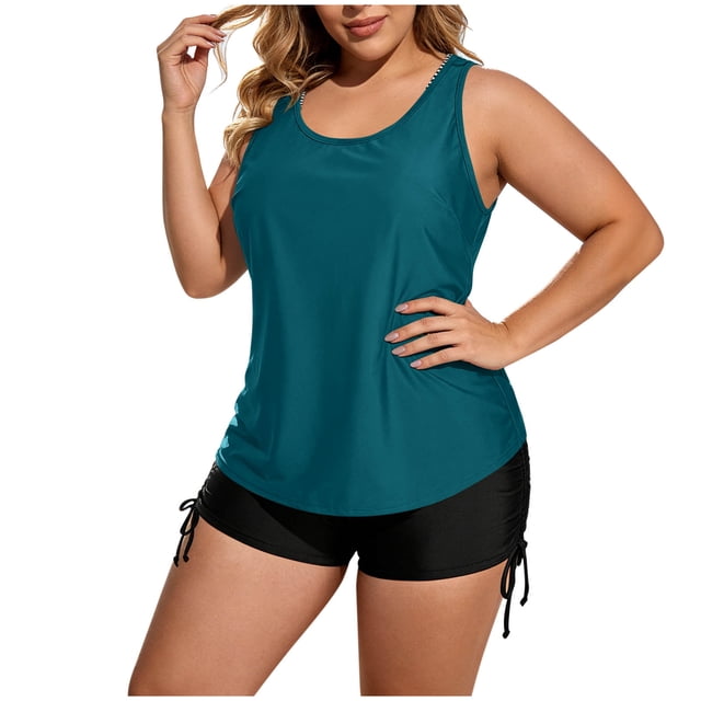 ShomPort Womens Swim Set 3 Piece Tankini Top and Swim Bra with Side Drawstring Boy Shorts Swimsuits