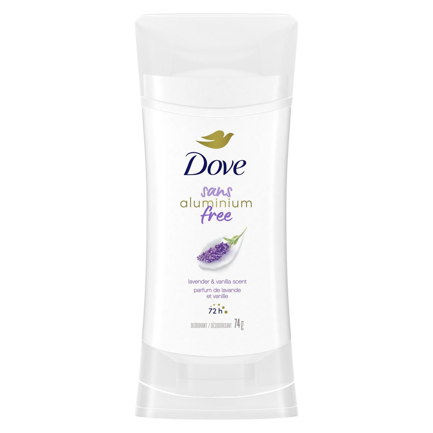 Déodorant pour femmes avec 1/4 d'hydratants Dove sans aluminium parfum lavande et vanille pour des aisselles douces et confortables