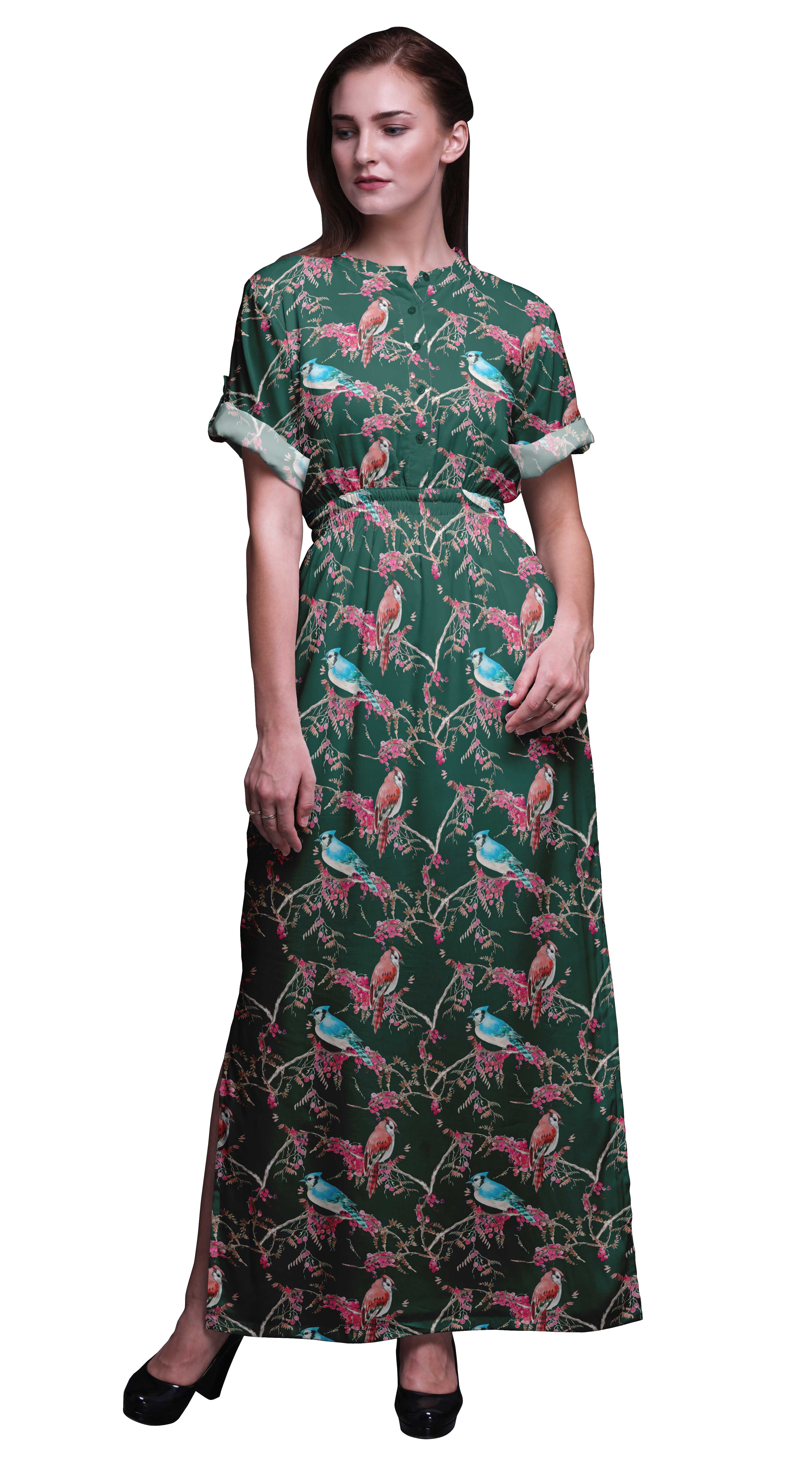 Bimba Rayon Red Berries & Bulbul Bird Printed Womens Long MaxiDressGown With Side Slit-XXX-Large