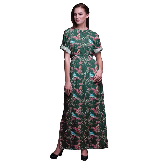 Bimba Robe Longue Imprimée en Rayonne à Baies Rouges et Oiseau Bulbe, Taille Smockée, Fente Latérale, pour Femme - Moyen