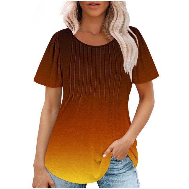 Plebaso Hauts pour Femmes Été Manches Courtes Col Rond Tunique Chic Ample Mode Blouses à Dégradé de Couleurs