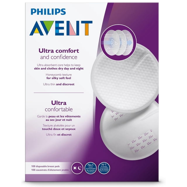 Philips Avent Maximum Comfort Disposable Breast Pads 100ct, SCF254/13 showing two white, round nursing pads with honeycomb texture and adhesive strips on a purple and white background, highlighting ultra absorbent core, silky soft feel, ultra thin and discreet design for day and night use to keep skin and clothes dry.