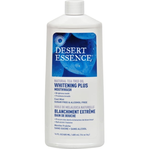 Desert Essence - Blanchiment à l'Arbre à Thé Plus - Rince-Bouche Menthe Fraîche dans une Bouteille en Plastique Blanche de 480 ml avec un Bouchon Blanc, Présentant une Étiquette Bleue avec le Nom de la Marque et des Détails sur le Produit, Y Compris Huile d'Arbre à Thé Naturelle, Blanchiment, Haleine Fraîche et Formule Sans Sucre Ni Alcool, Idéal pour les Soins Buccaux et pour Apaiser les Gencives.