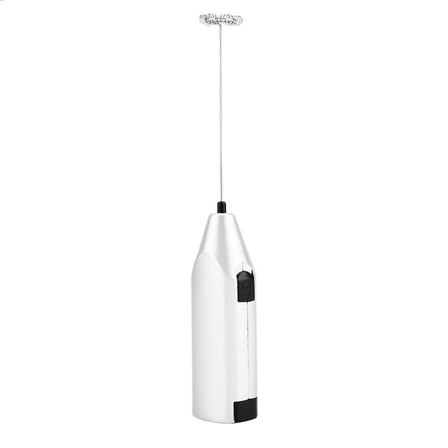 Handheld Milk Frother, Milk Foamer Electric Milk Frother, designed for home use. Made from food-grade stainless steel with a sleek silver finish, this battery-operated device features a powerful motor for frothing milk, cappuccinos, lattes, or hot chocolate in seconds. The compact design includes a stainless steel whisk and an ergonomic handle with a black power button. Multi-purpose functionality allows it to whisk eggs, soups, and sauces. Measures approximately 21x3.5x2.5 cm and weighs 40g. Powered by 2 AA batteries.