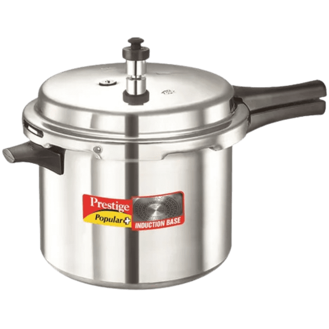 Prestige Popular Plus Virgin Aluminium Pressure Cooker, 6.5L, Silver, featuring a polished aluminium body with a secure lid and black pressure regulator valve, heat-resistant double-screw handles, and an induction-compatible base label, designed for efficient, safe cooking on gas and induction cooktops in Canadian kitchens.
