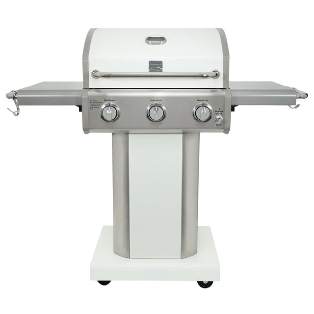 Kenmore 3 Burner Pedestal Gas Grill in pearl white with stainless steel control panel and three chrome knobs, foldable side shelves with hooks, lid temperature gauge, and mounted on a pedestal base with casters, ideal for natural gas BBQ and outdoor cooking.
