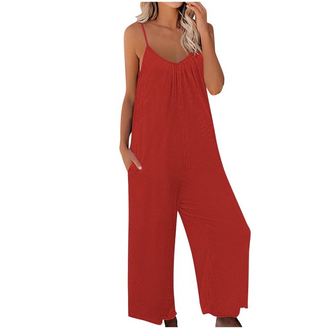RKSTN Jumpsuits for Women 2024 V Neck Sleeveless Jumpsuits Spaghetti Straps Solid Color Loose Plus Size Long Pants Rompers with Pockets