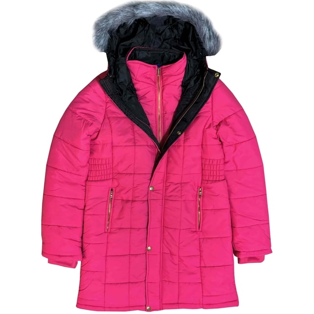 Women’s Warm Winter Coat Puffer Jacket with Hoodie Removable Fur in a vibrant pink color. This long coat features a double zippered front closure, fleece-lined cuffs, and a nylon exterior for protection against snow and rain. Includes a winter storm hood with removable fur trim for added warmth and style.