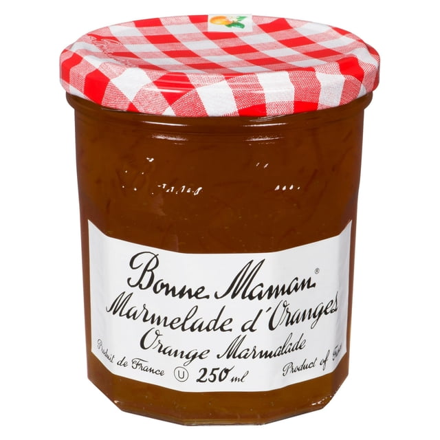 Bonne Maman Orange Marmalade in a 250 mL clear glass jar with a red and white gingham lid and a white label with black cursive text, kosher certified and product of France, suitable as a fruit spread or for baking.