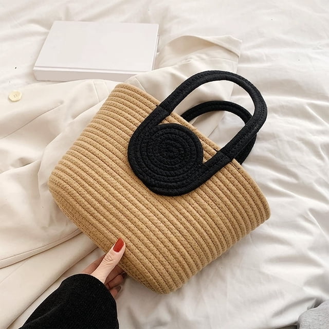 TIMIFIS Desktop Storage, Dorm Room Essentials Rope Woven Handbag Large Capacity Tote Bag Daily Versatile Shoulder Bag Splicing Color Casual Woven Bag Beach Bag