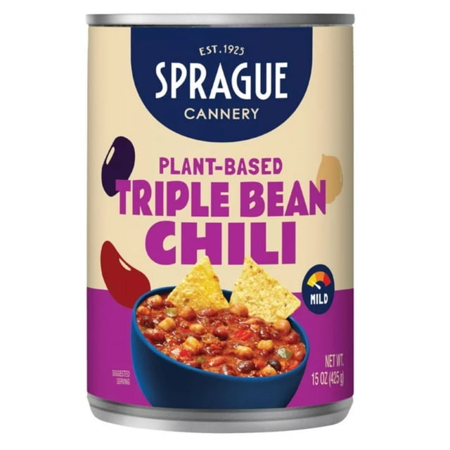 TRIPLE BEAN CHILI by Sprague Cannery, a 15 oz (425 g) plant-based canned meal with mild spice, showing a label with a blue bowl of chili containing three types of beans and two tortilla chips, ideal as a convenient packaged meal.