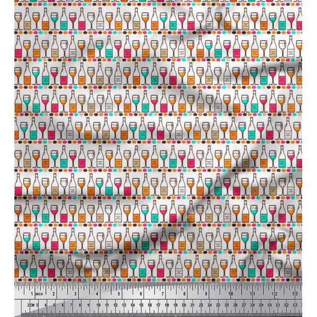 Soimoi Rayon Fabric Bottle & Wine Glass Bar Printed Fabric 1 Yard 42 Inch Wide