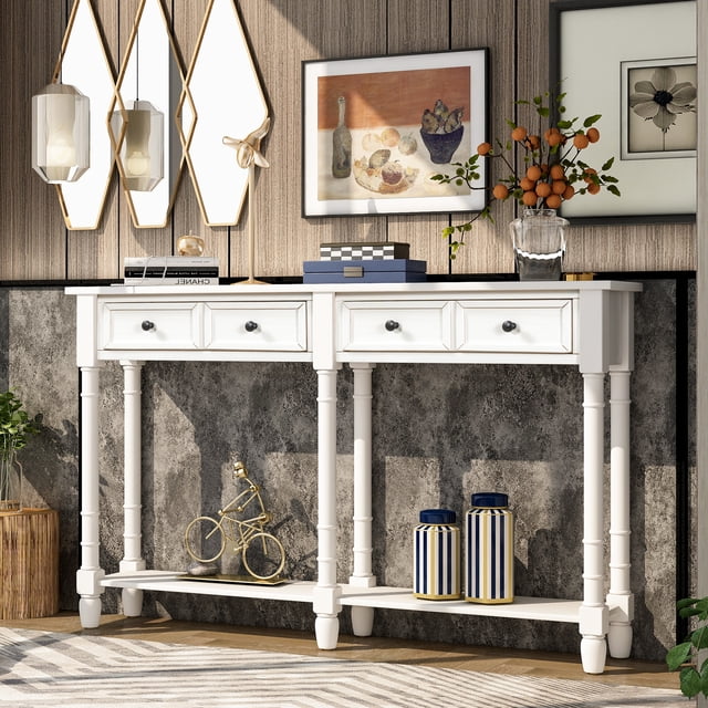 Newest Console Table Sofa Table Easy Assembly with Two Storage Drawers and Bottom Shelf for Living Room, Entryway (Ivory White)