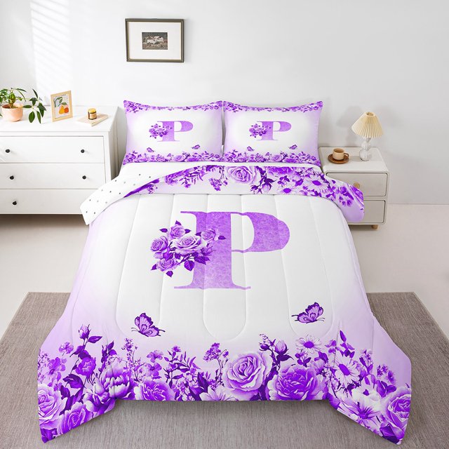 Erosebridal Letter Initial Bedding King Comforter Set,Monogrammed Personalized Bedding Sets King with Comforter,Flower Decor,Reversible,Super Cozy,3 Pieces