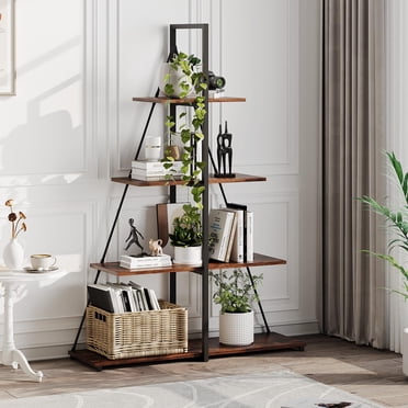 TROPOW Book Shelf, 4-Tier Bookshelf with A-Shaped Frame, Sturdy Ladder Shelf Display, Wood and Metal Bookcase Storage Organizer for Living Room, Home Office, Bedroom,Retro