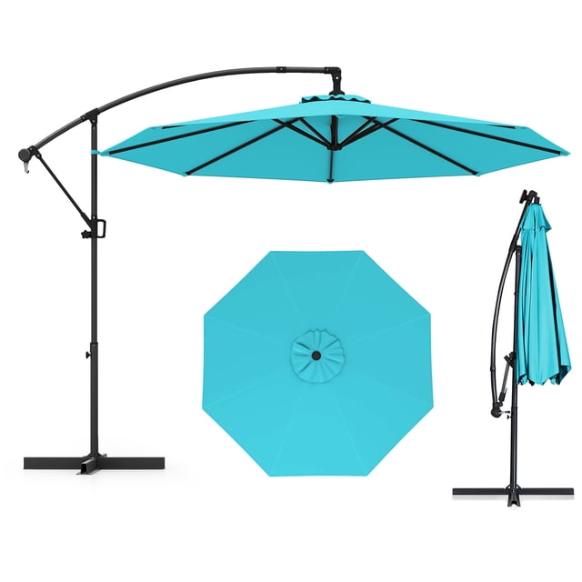 Gymax 10 FT Patio Offset Umbrella w/ X-shaped Base Infinite Tile & 360° Rotation Turquoise