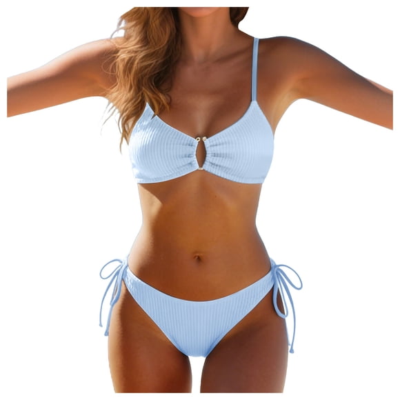 WUANDIXFA Women Bikini Women High Waisted Bikini Fashion Two Piece Swimsuits Print Bikini Set Light Blue,S