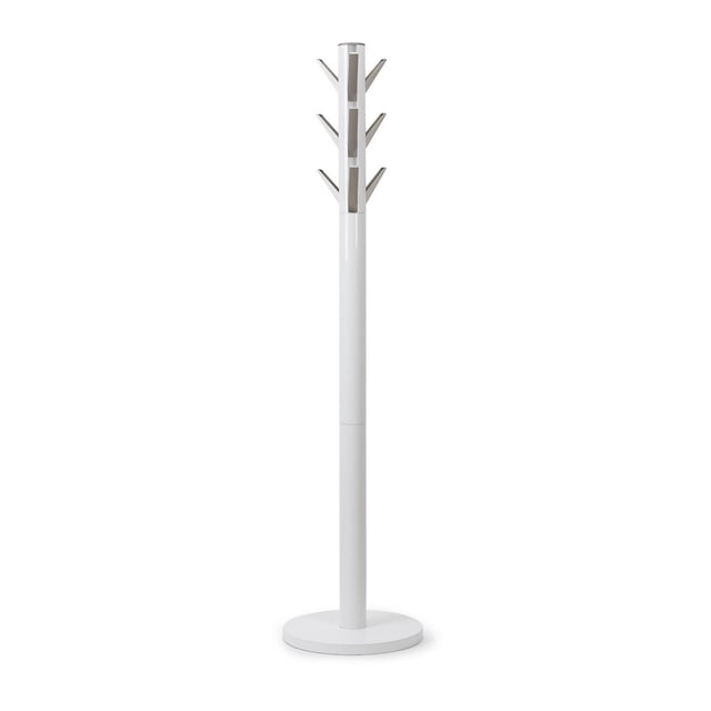 Flapper Coat Rack White floor-standing coat rack with a 65-inch tall white rubberwood pole and round base, featuring nine flip-down cast-aluminum hooks arranged in three tiers resembling branches, ideal for clothing and closet organization in modern homes.