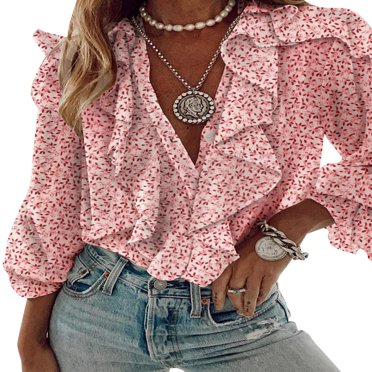 Chemise à Volants pour Femmes, Boutonnée, Couleur Unie, Col en V, Manches Longues