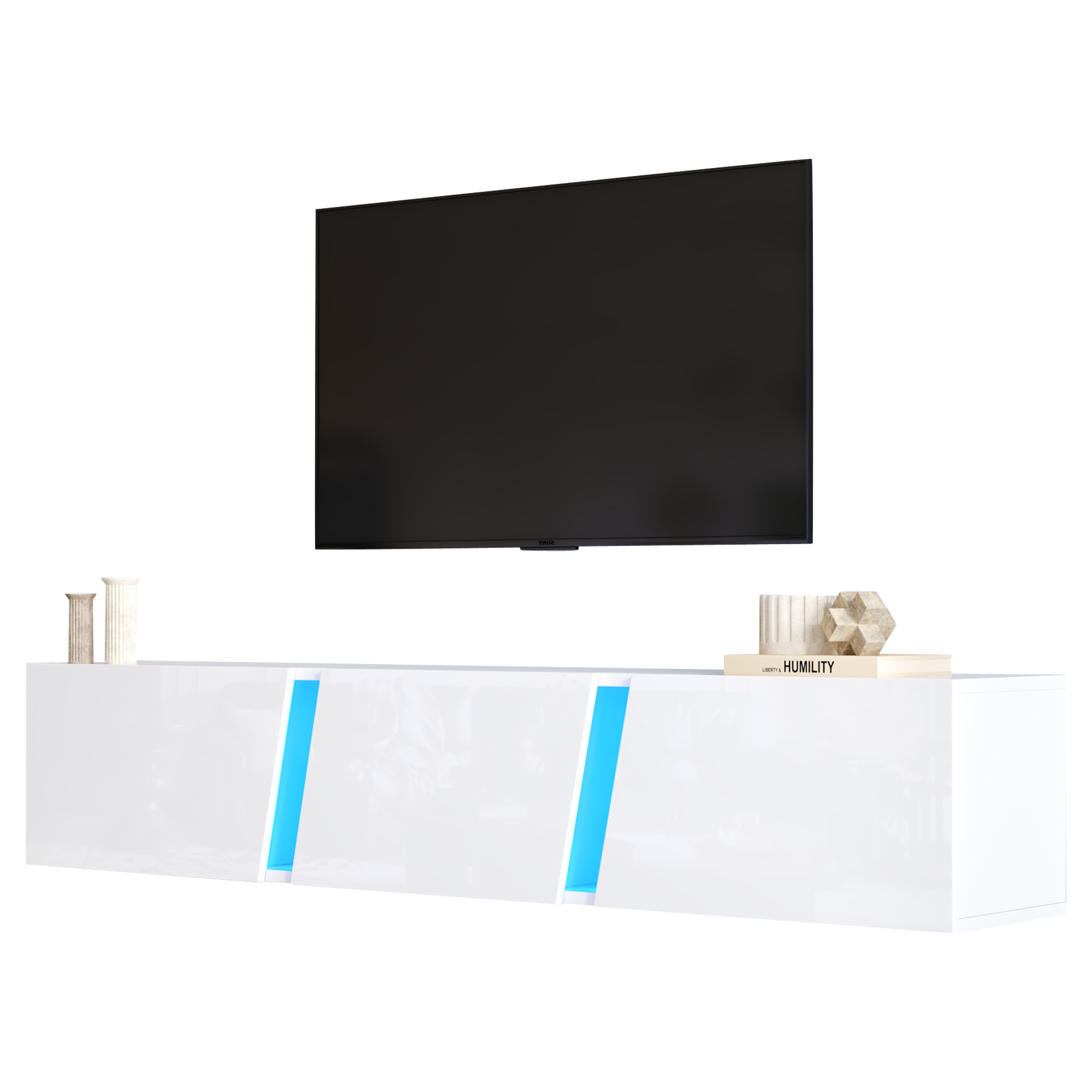 Homy Casa meuble télé flottant 64,9 po avec DEL, 3 portes et 5 compartiments pour téléviseur 65 po