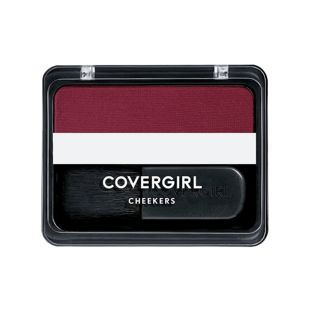 COVERGIRL Cheekers Blush compact with a rectangular black plastic case, featuring a deep berry-colored, soft and blendable blush powder and a small black brush applicator, lightweight and dermatologically tested for natural, long-lasting cheek color, also suitable for touch-ups on the go.