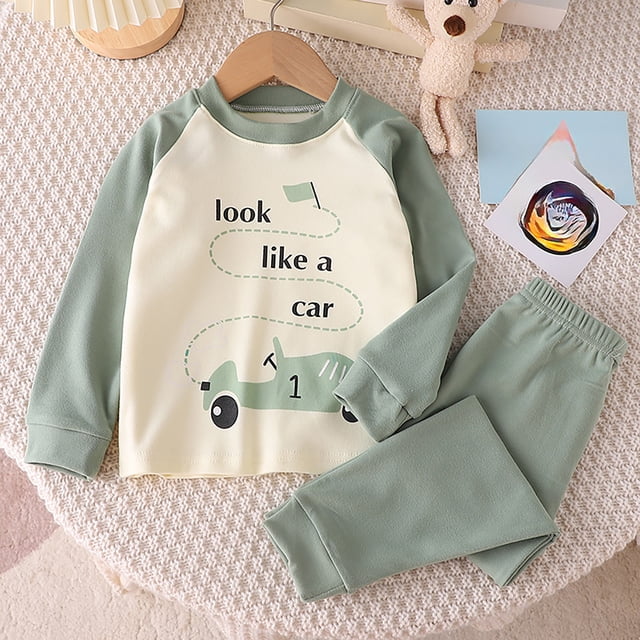 Pyjamas pour Enfants Ensemble Confort à Manches Longues Col Rond Motif Dessin Animé Vêtements de Nuit pour Filles Vert 4Y-5Y