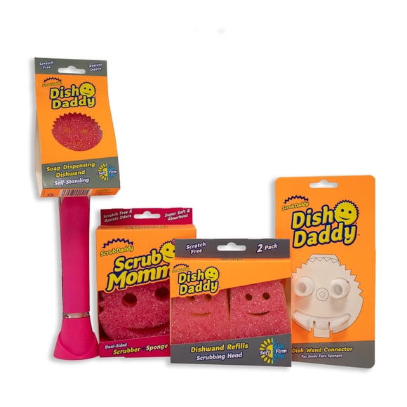 Scrub Daddy Scrub Baguette à Vaisselle Maman, Têtes de Recharge, Éponge et Tête de Connecteur, Brosse à Vaisselle Distributrice de Savon, Éponge de Vaisselle Changeant de Texture, Grattoirs Double Face Anti-Rayures avec Liquide