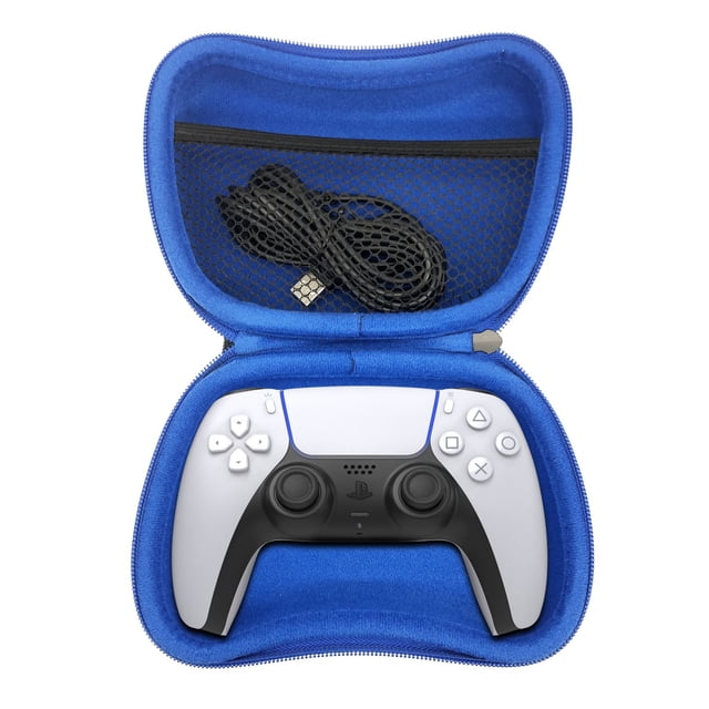 Surge 11-Piece Controller Accessory Starter Kit for PS5 - Blue/Black with a blue EVA zippered carrying case open to show a white and black DualSense PS5 controller and a black USB charging cable in the mesh pocket, ideal for protecting and transporting your controller and accessories.