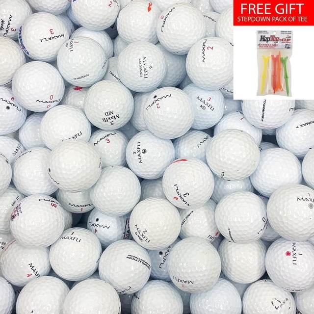 Mulligan - 88 Maxfli Mix AAA Recycled Used Golf Balls, White, close-up top view of a pile of white Maxfli golf balls with red and black printed numbers and logos on dimpled surfaces, including a free gift pack of colorful stepdown tees, ideal for eco-friendly golf practice and players of all skill levels.