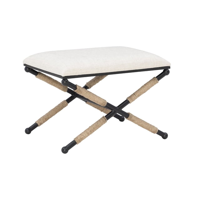 Remi Campaign Accent Stool featuring black metal X-shaped legs wrapped in natural rope and a neutral fabric upholstered seat, suitable for kitchen and dining seating or versatile accent seating throughout the home.