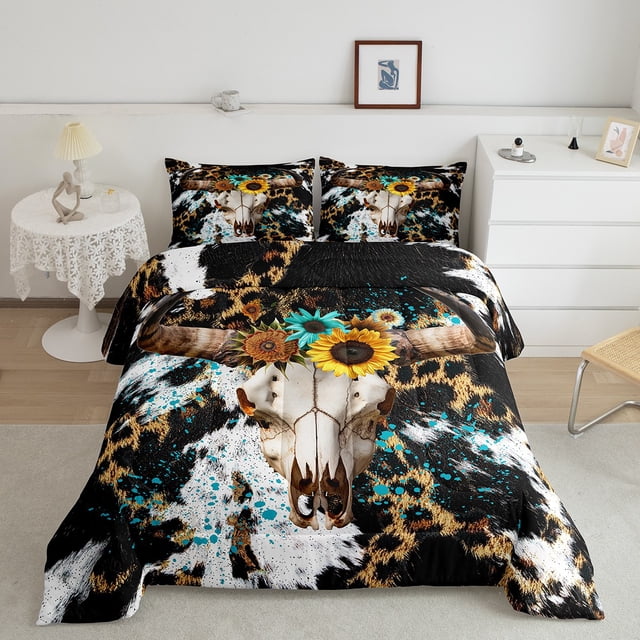 Erosebridal Rustic Skeleton Comforter Sets Queen Size, Western Animal Comforters & Duvets, Leopard Print Decor, Reversible 3pcs