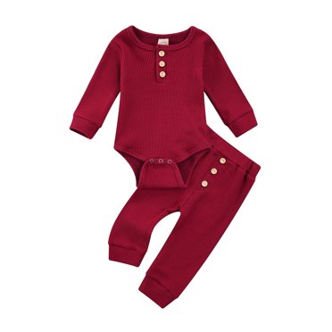 Xingqing Newborn Baby Boy Girl Fall Winter Outfits Long Sleeve Button Waffle Romper Bodysuit Tops Long Pants Set