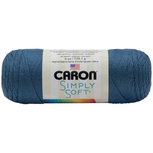 Caron Simply Soft Yarn acrylic #4 medium weight, 6 oz (170 g), 315 yards (288 m), blue with a smooth, lustrous texture, wrapped in a label featuring the brand name and American flag, machine washable and dryable, suitable for knitting, crochet, and home decor projects.