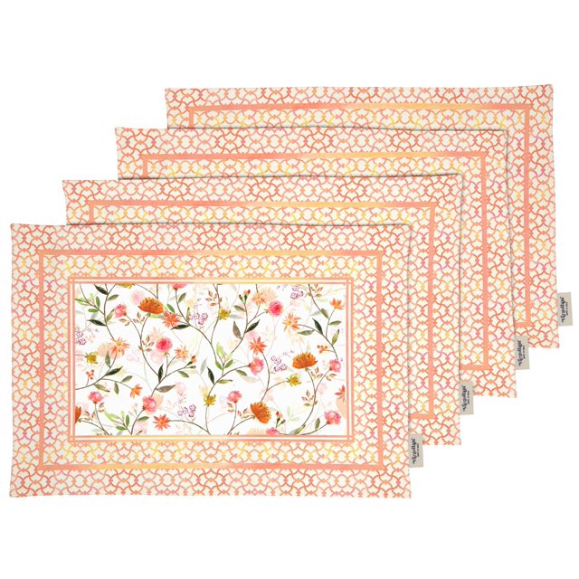 Vargottam Napperons - Napperon pour Table à Manger, Ensemble de 4 - Serviette en Coton Imprimée et Réversible - Napperons d'Intérieur pour Table de Salle à Manger à la Maison et en Cuisine - Floraux (Pêche)