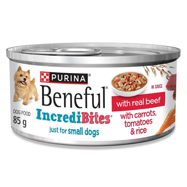 Beneful Incredibites In Sauce with Real Beef, Wet Dog Food 85 g can with Purina branding and a small dog image on the label, featuring real beef, carrots, tomatoes, and rice in a tender, saucy texture. This protein-rich wet food provides complete and balanced nutrition for adult small dogs.