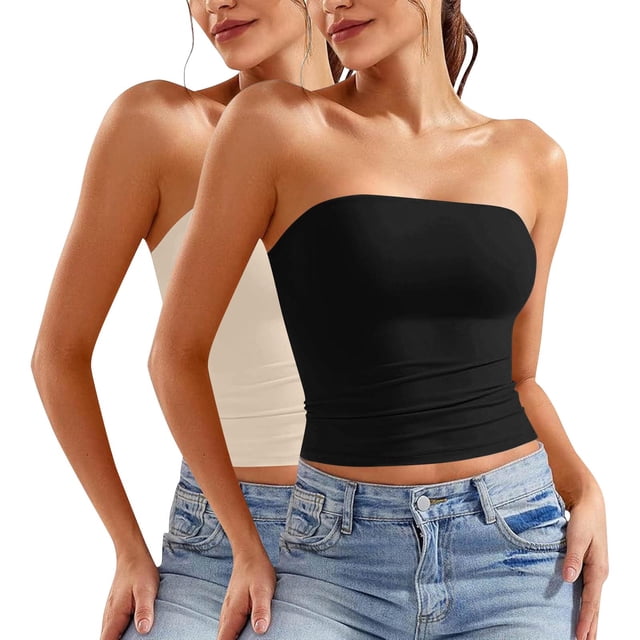 ZACPNCV 2PC Women's Shapewear Tube Tops Strapless Ruched Built-in Shelf Bra Casual Beige S