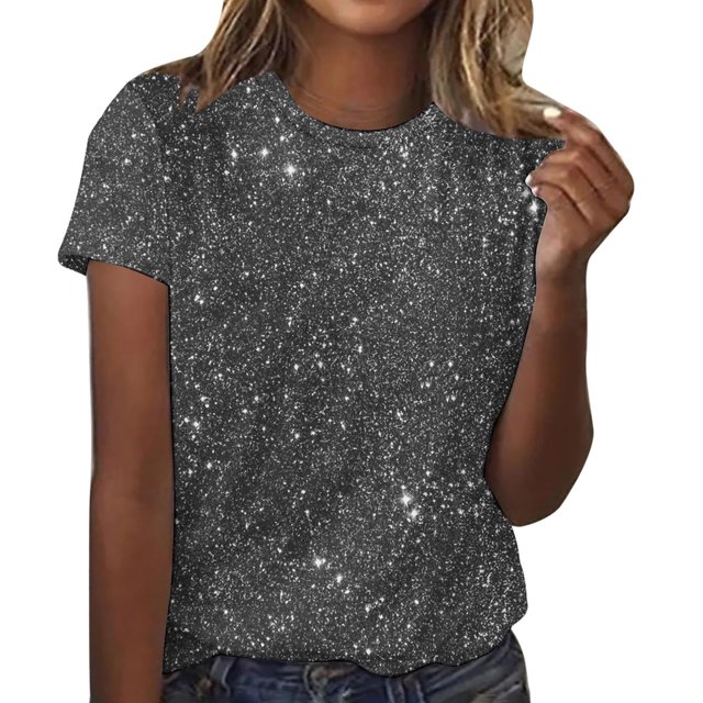 Amzcrzy Hauts pour Femmes T-Shirts Décontractés à Manches Courtes Hauts d'Été Mode Col Rond Hauts à Sequins pour Femmes Confort Polyvalent Hauts de Sortie Blouses