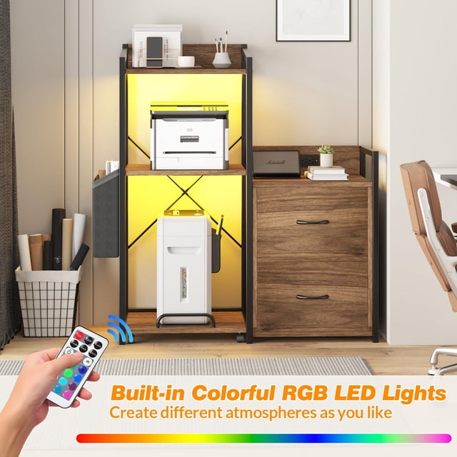 AKDSteel 2 Drawer File Cabinet For Letter, Legal & a4, Printer Cabinet With Led Lights And Power Strip For Home Office