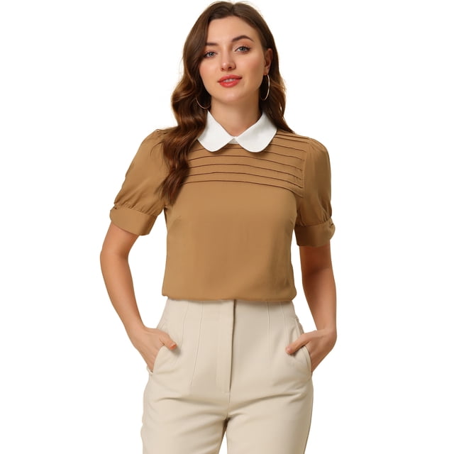 INSPIRE CHIC Women's Peter Pan Collar Puff Short Sleeve Tops