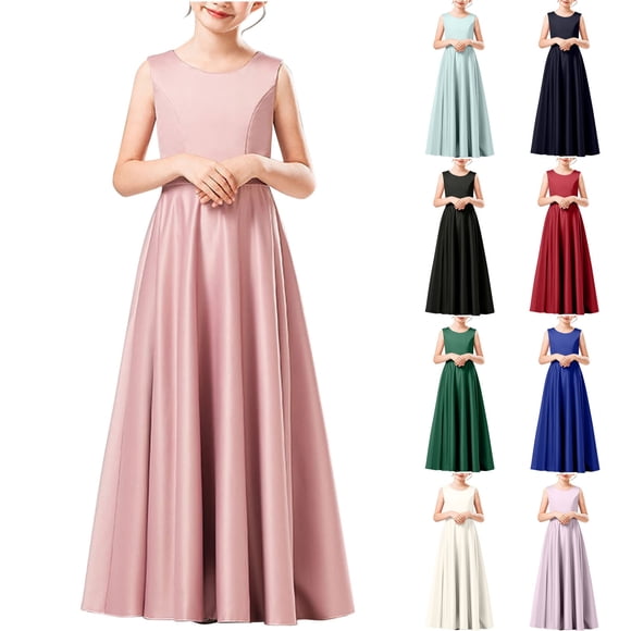 MKOSPLRT Robes de Demoiselle d'Honneur pour Mariage 2-13 Ans Sans Manches Col Ras du Cou Robe de Fête Formelle Unie Fluide Élégante Robes Maxi Robe de Bal