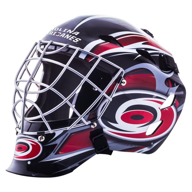 Franklin Sports GFM 1500 NHL Hurricanes Goalie Face Mask side view showing official Carolina Hurricanes team colors and logos on a vented high-impact ABS plastic shell with a chrome-finished steel cage and adjustable quick-snap straps, designed for street hockey goalies aged 6 to 12.